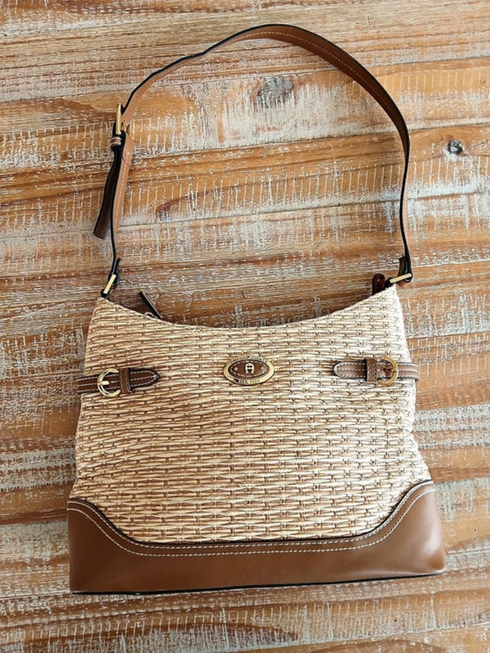 Etienne Aigner Woven Shoulder Bag in Brown & Cream
